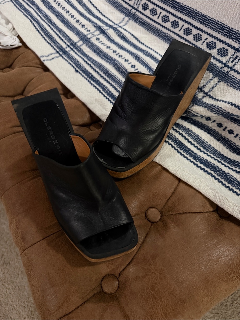 Robert Clergerie Black Leather Open-Peep Toe Wood Platform Mules
